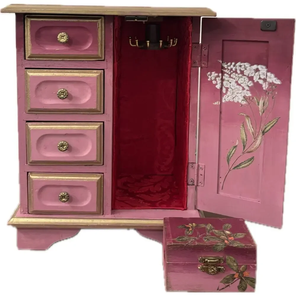 Upcycled Vintage Wooden Jewelry Box | Hand-Painted Dusty Pink & Maroon Ombre